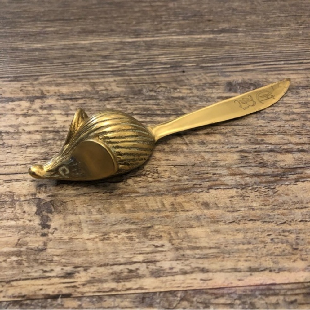 Charming whimsical brass mouse letter opener. Great detail. Engraved initial AB